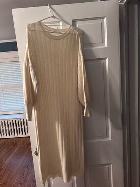 Mango Cream Ribbed Long Sleeve Midi Dress